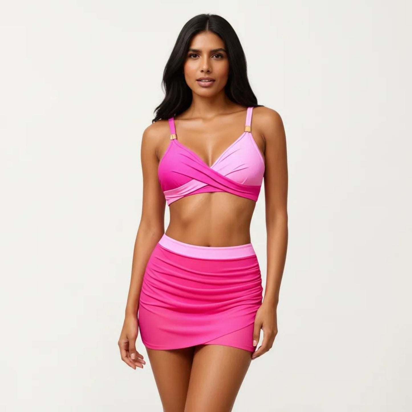 2-Piece Swim Set with Crisscross Bralette Top Adjustable Straps and Ruched Skirted Bottom