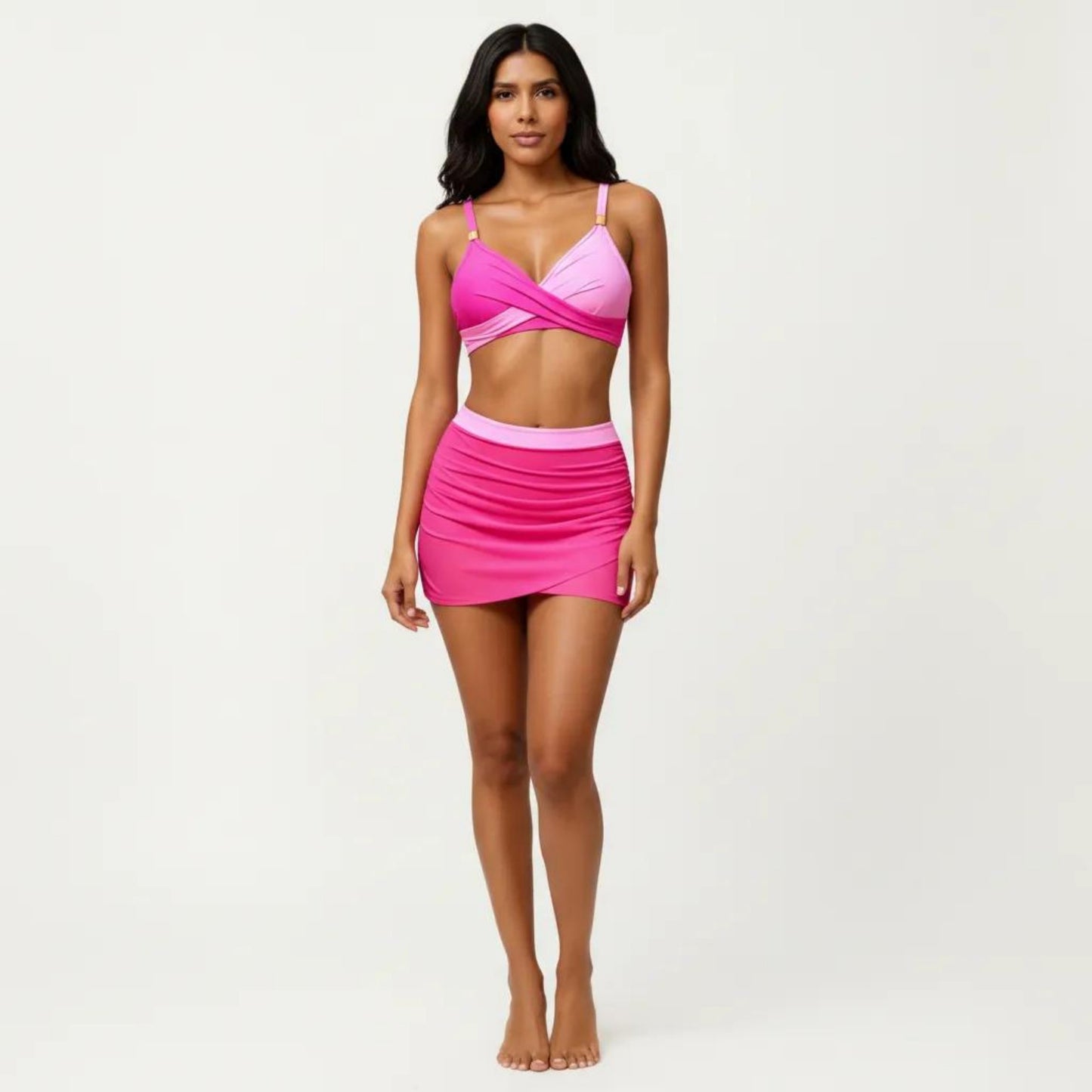 2-Piece Swim Set with Crisscross Bralette Top Adjustable Straps and Ruched Skirted Bottom