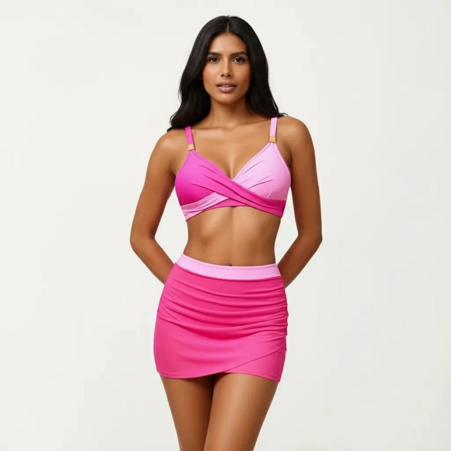 2-Piece Swim Set with Crisscross Bralette Top Adjustable Straps and Ruched Skirted Bottom