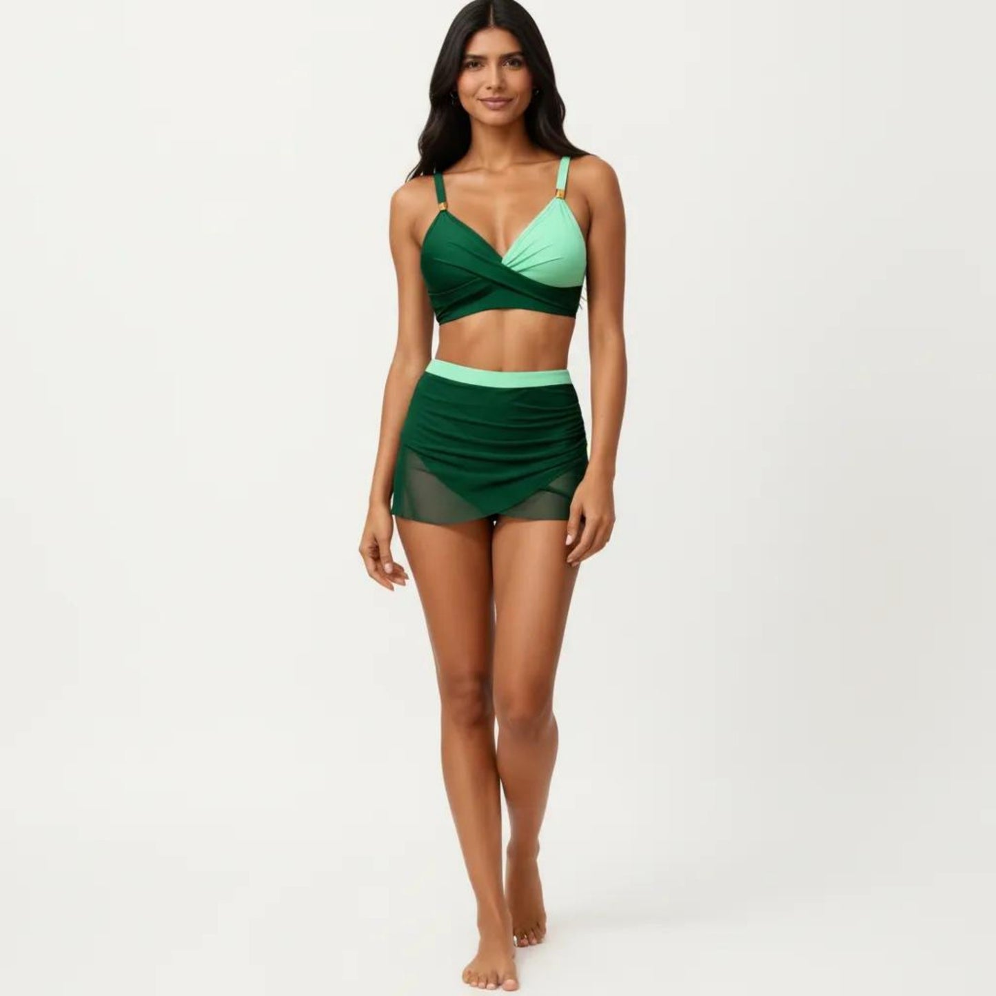 2-Piece Swim Set with Crisscross Bralette Top Adjustable Straps and Ruched Skirted Bottom