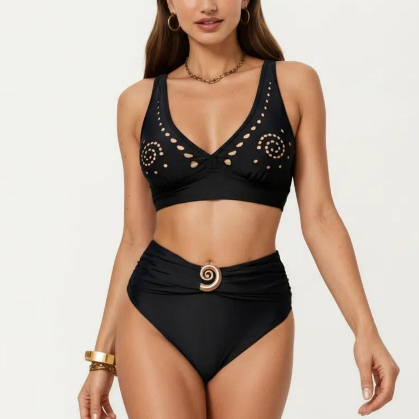 2-Piece Bikini Set with Decorative Stud Bralette Top and High Rise Bottom with Center Hardware