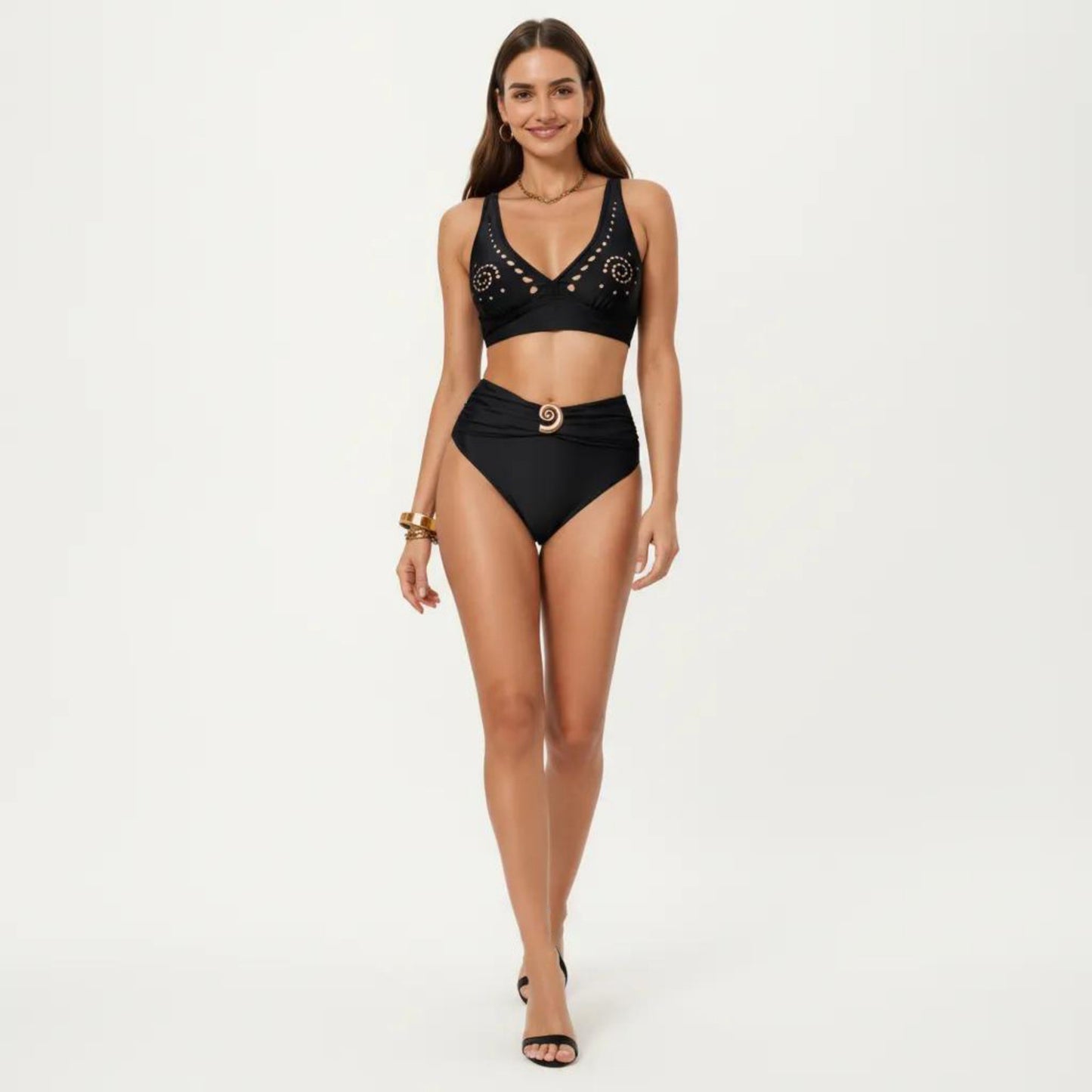 2-Piece Bikini Set with Decorative Stud Bralette Top and High Rise Bottom with Center Hardware