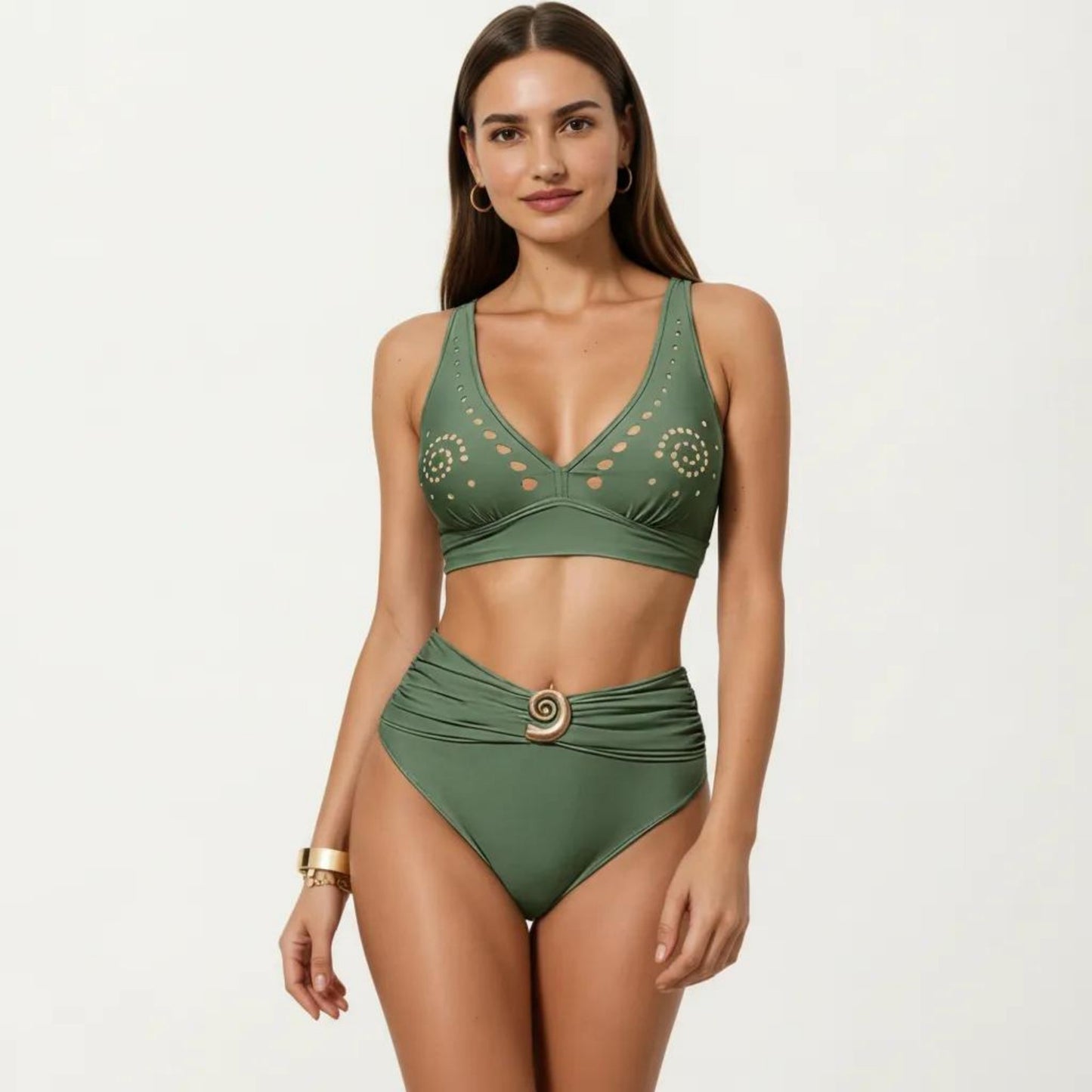 2-Piece Bikini Set with Decorative Stud Bralette Top and High Rise Bottom with Center Hardware