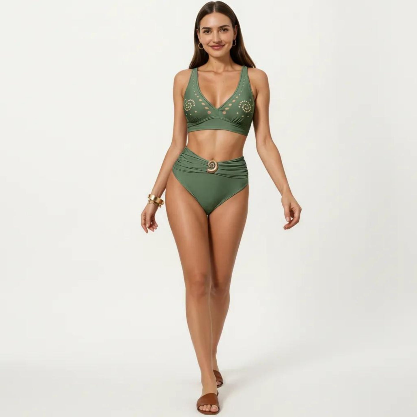 2-Piece Bikini Set with Decorative Stud Bralette Top and High Rise Bottom with Center Hardware
