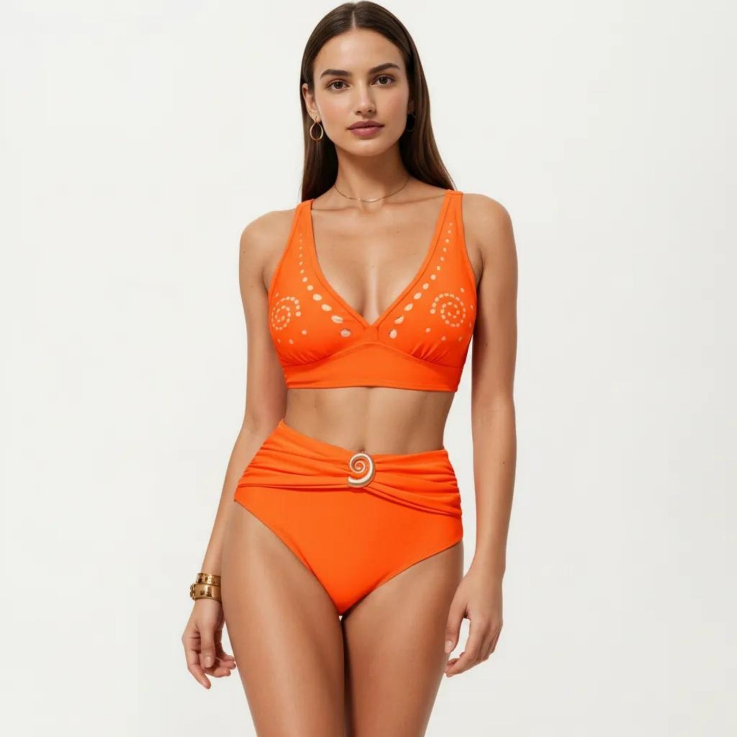 2-Piece Bikini Set with Decorative Stud Bralette Top and High Rise Bottom with Center Hardware