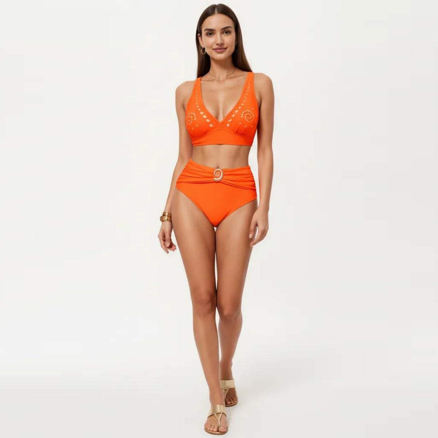 2-Piece Bikini Set with Decorative Stud Bralette Top and High Rise Bottom with Center Hardware
