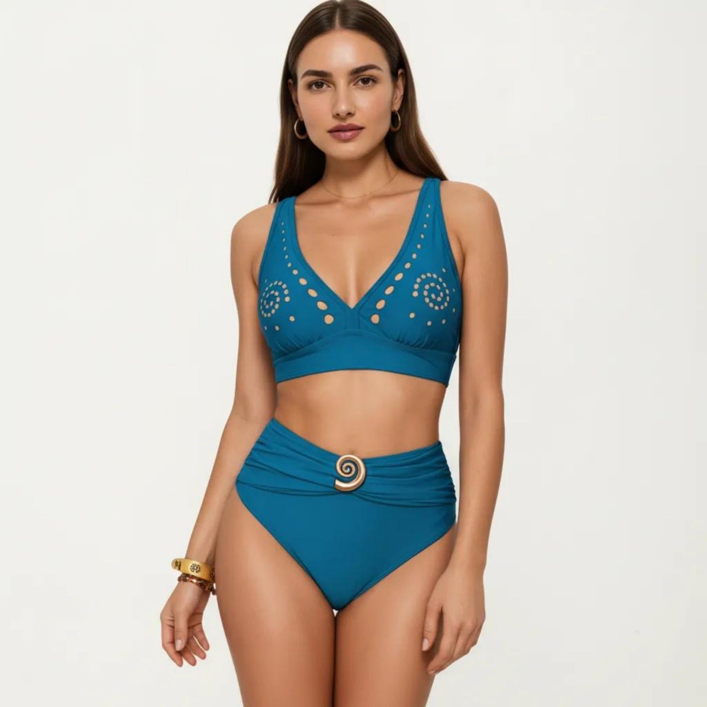 2-Piece Bikini Set with Decorative Stud Bralette Top and High Rise Bottom with Center Hardware