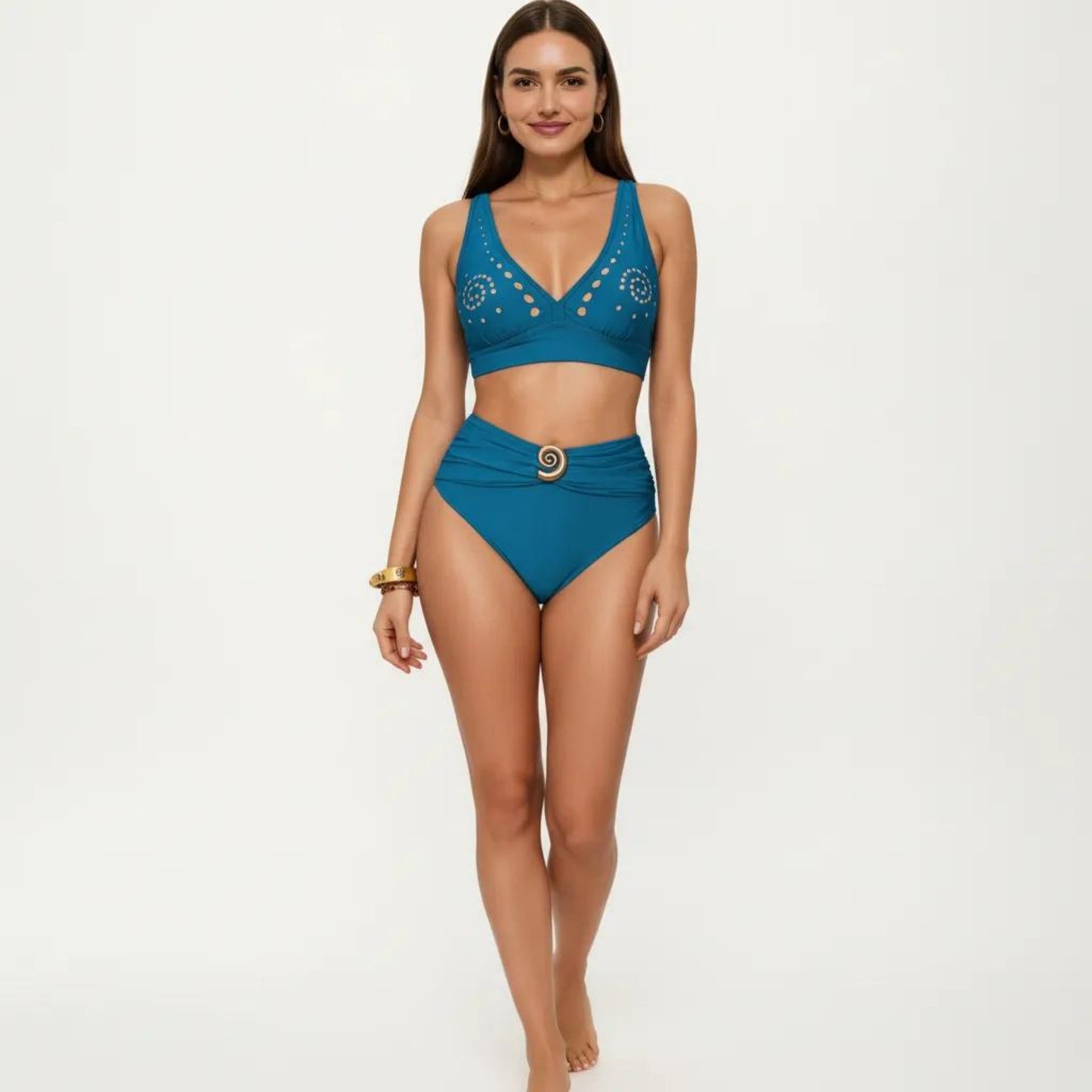 2-Piece Bikini Set with Decorative Stud Bralette Top and High Rise Bottom with Center Hardware
