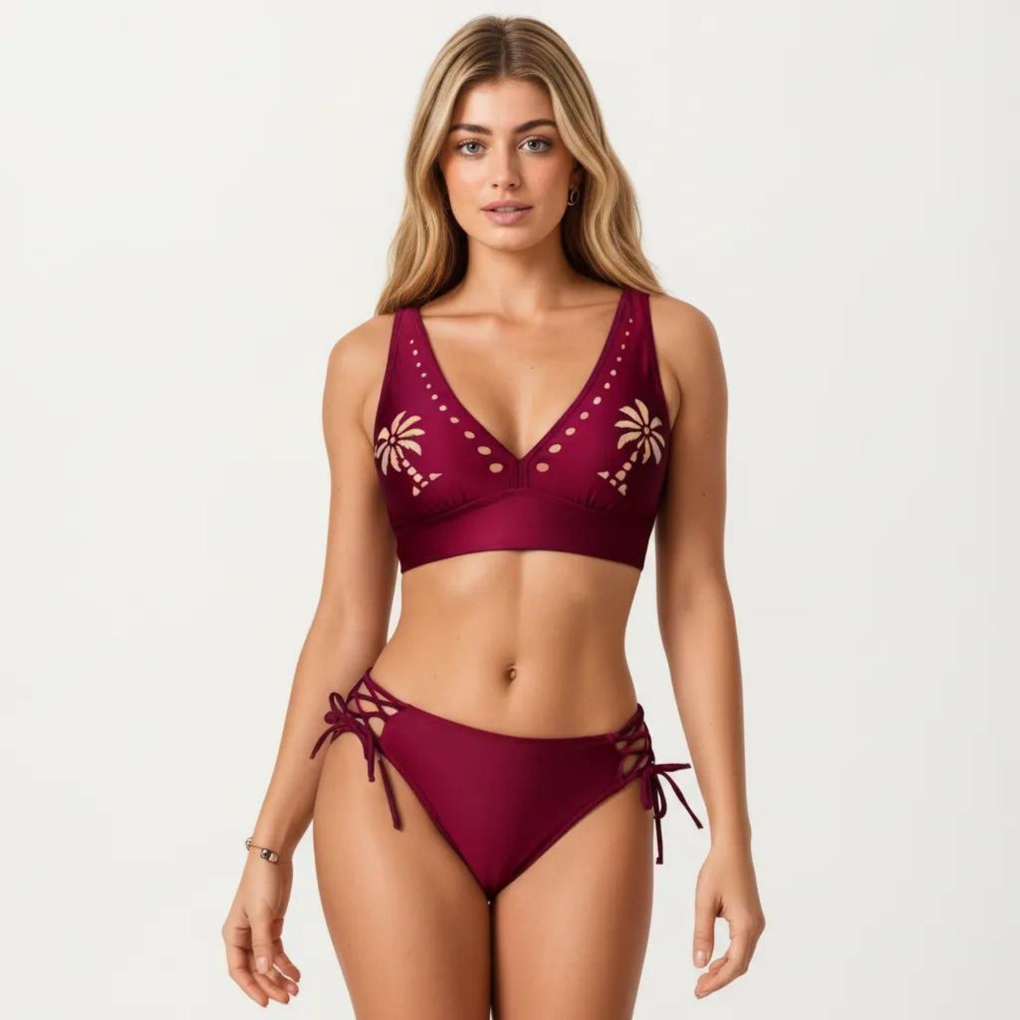 2-Piece Bikini Set with Palm Tree Cutout Bralette Top and Adjustable Side Tie Bottom