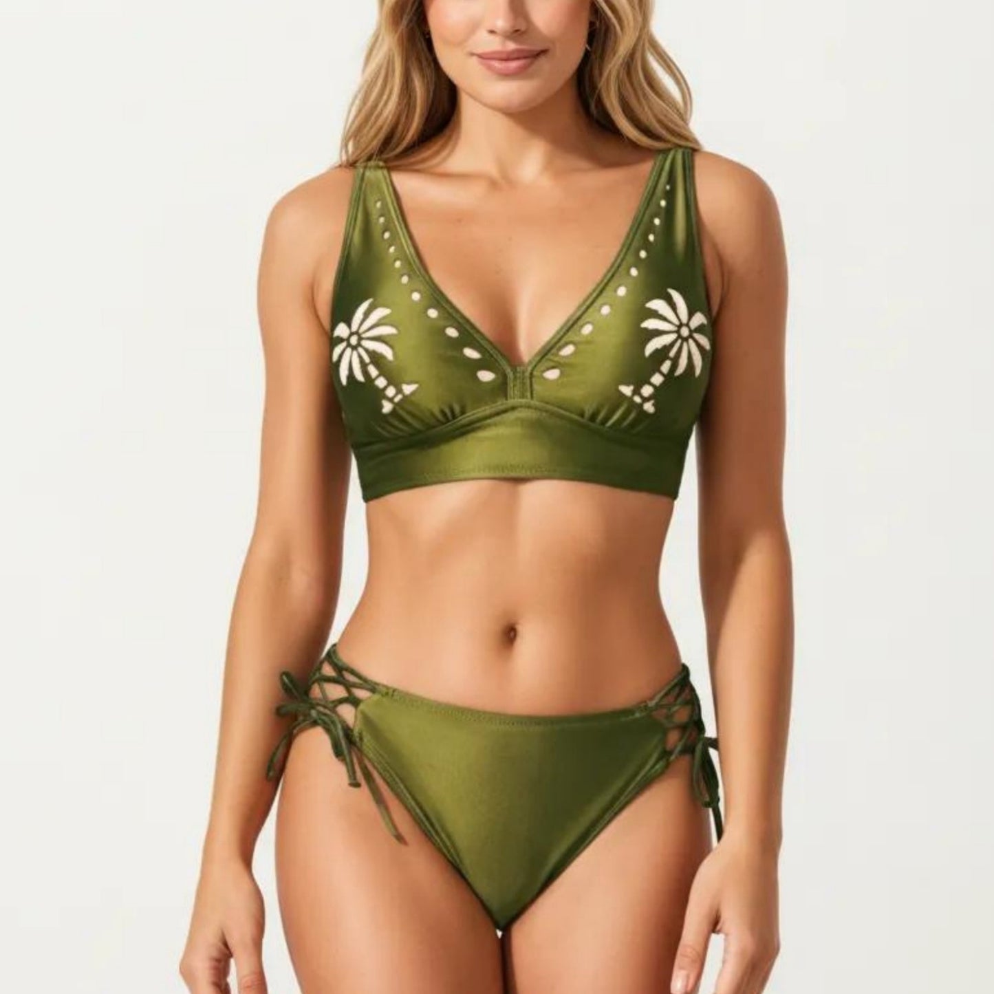 2-Piece Bikini Set with Palm Tree Cutout Bralette Top and Adjustable Side Tie Bottom