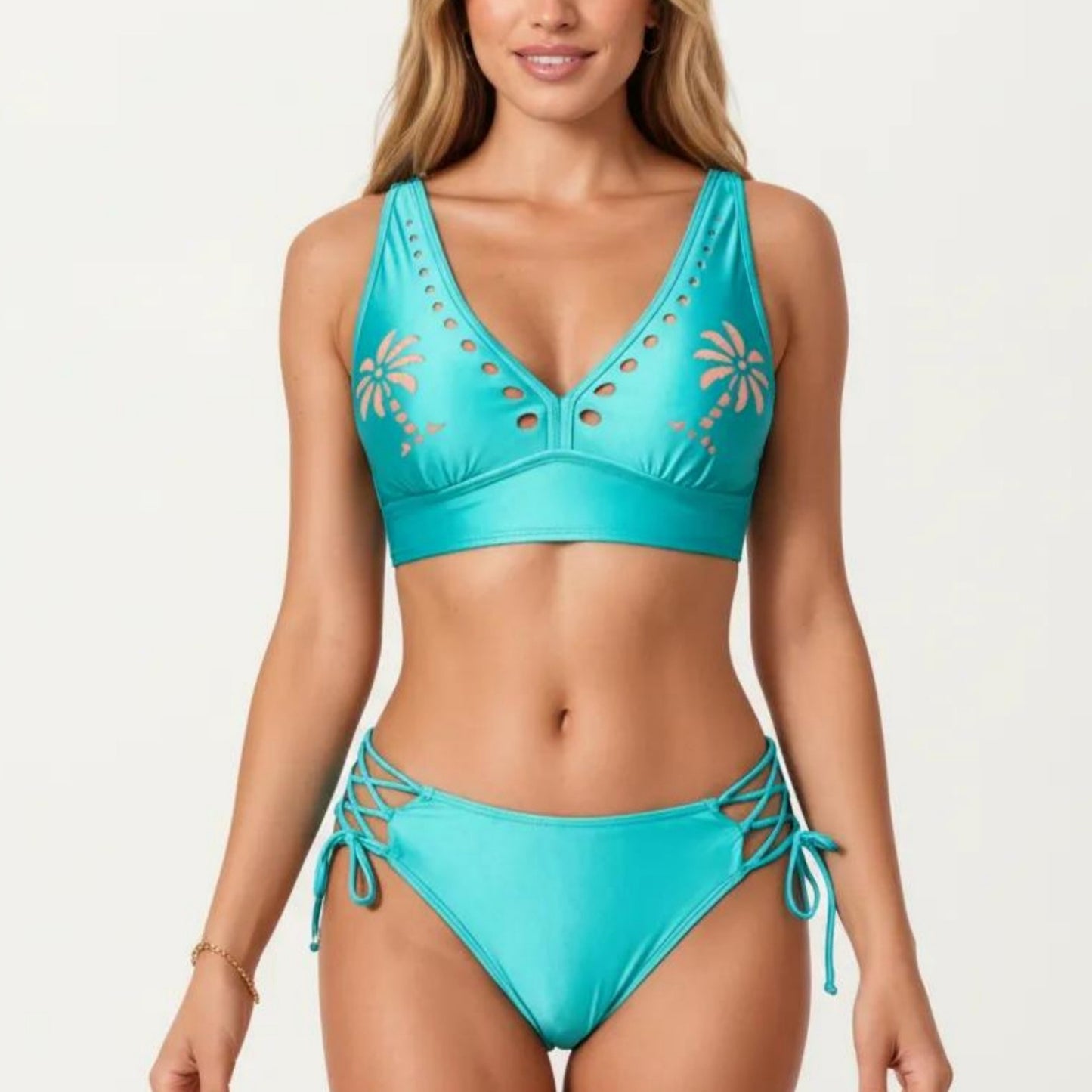 2-Piece Bikini Set with Palm Tree Cutout Bralette Top and Adjustable Side Tie Bottom