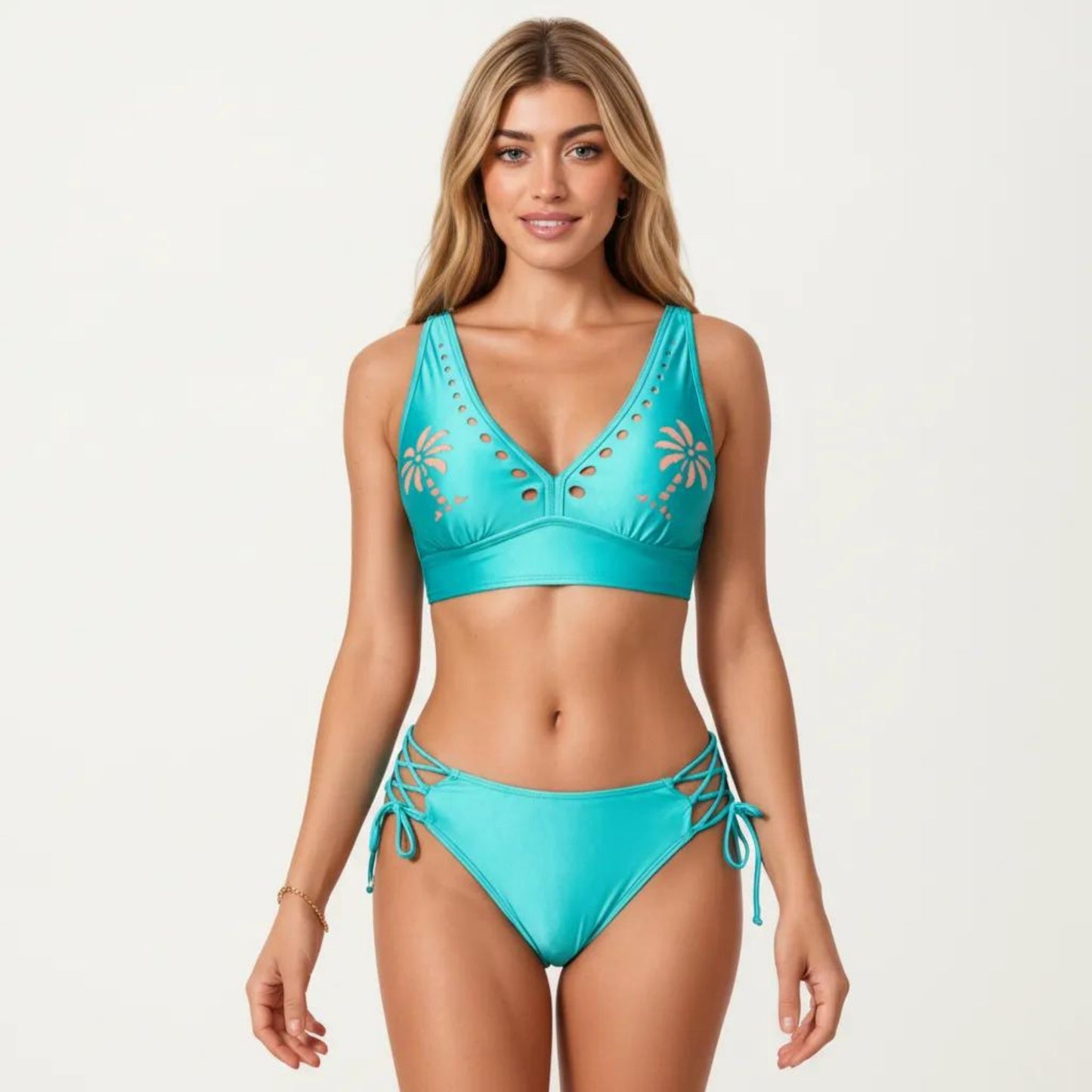 2-Piece Bikini Set with Palm Tree Cutout Bralette Top and Adjustable Side Tie Bottom