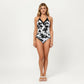 One Piece Swimsuit with Palm Tree Print Scalloped Neckline and Halter Strap Design
