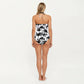 One Piece Swimsuit with Palm Tree Print Scalloped Neckline and Halter Strap Design