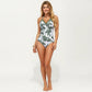 One Piece Swimsuit with Palm Tree Print Scalloped Neckline and Halter Strap Design