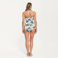 One Piece Swimsuit with Palm Tree Print Scalloped Neckline and Halter Strap Design