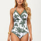 One Piece Swimsuit with Palm Tree Print Scalloped Neckline and Halter Strap Design