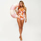 One Piece Swimsuit with Palm Tree Print Scalloped Neckline and Halter Strap Design