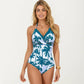 One Piece Swimsuit with Palm Tree Print Scalloped Neckline and Halter Strap Design