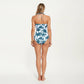 One Piece Swimsuit with Palm Tree Print Scalloped Neckline and Halter Strap Design