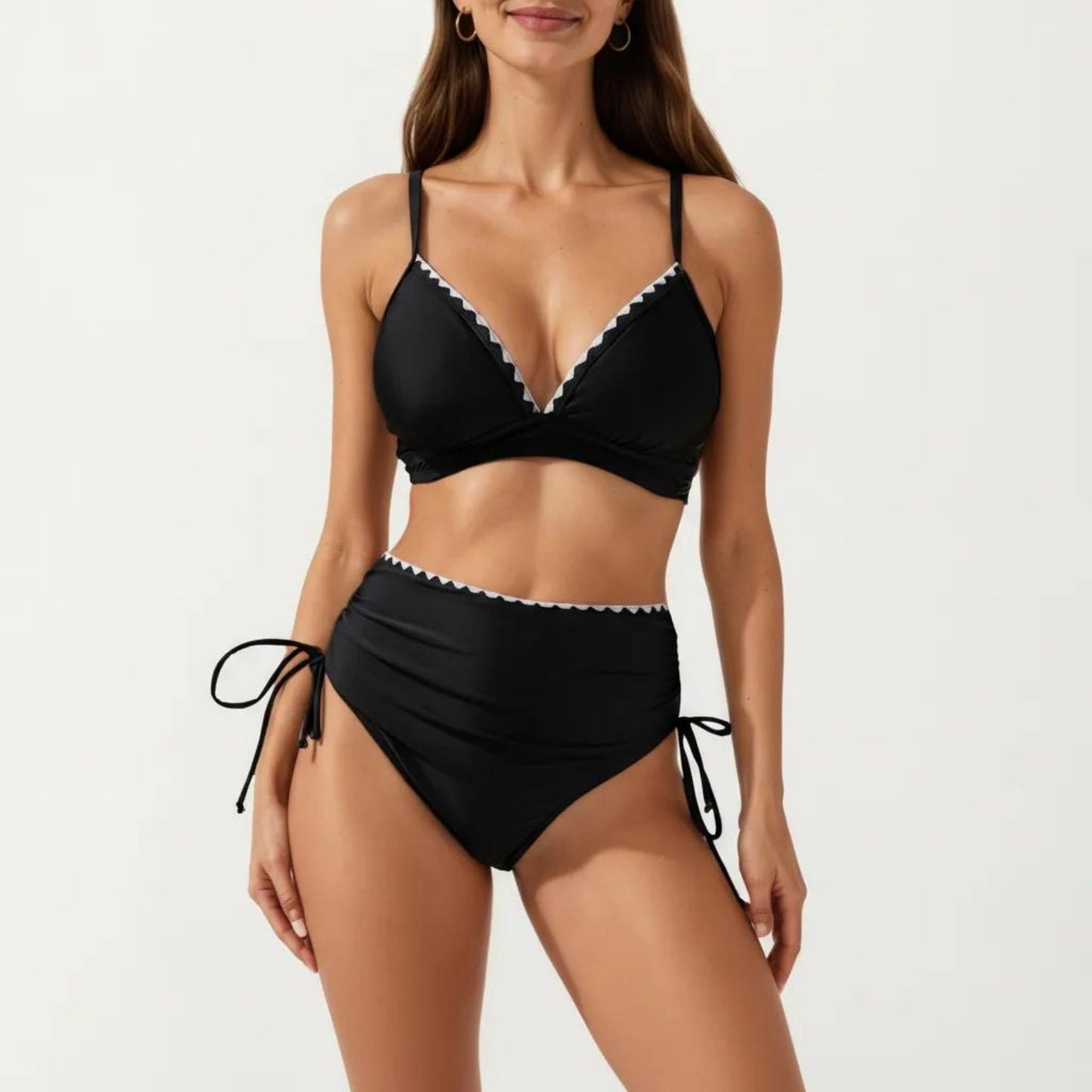 2-Piece Bikini Set with Triangle Bralette Top Scalloped Trim and High Rise Tie Side Bottom