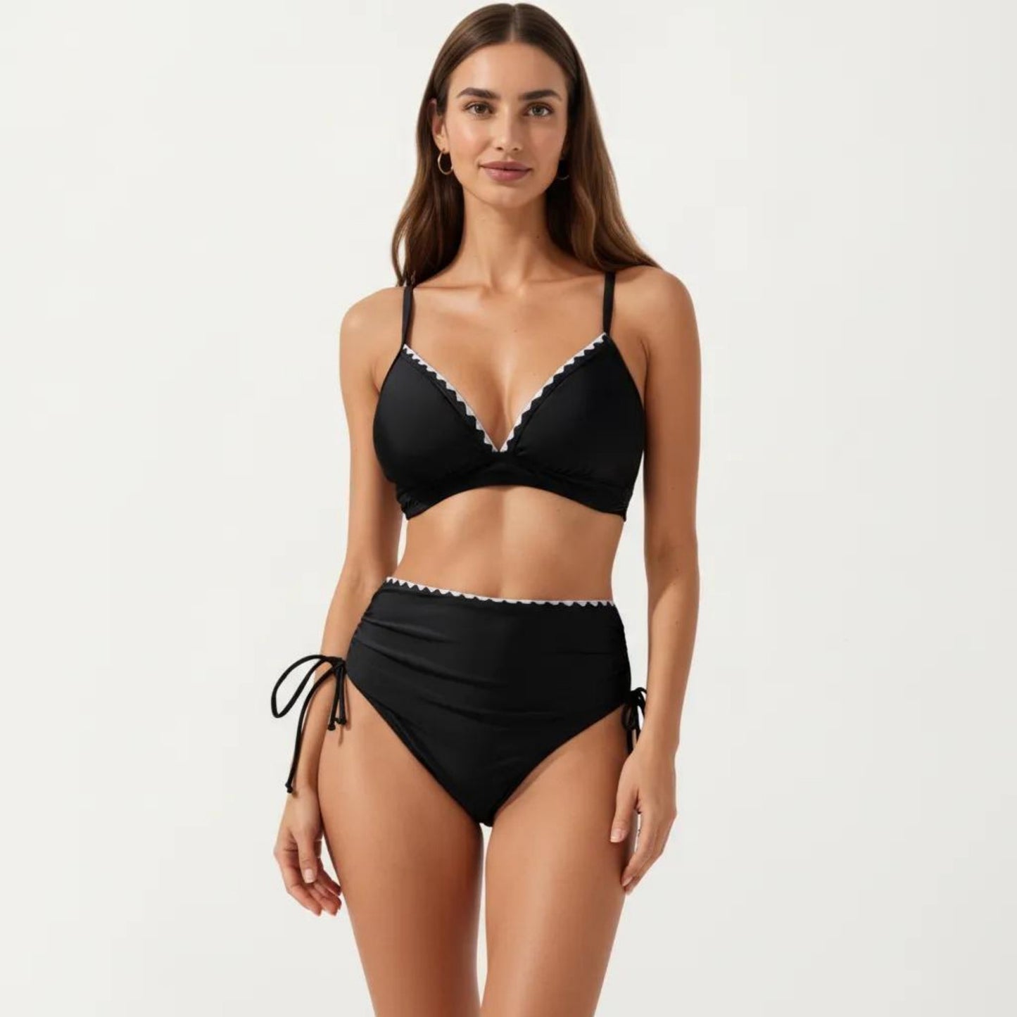2-Piece Bikini Set with Triangle Bralette Top Scalloped Trim and High Rise Tie Side Bottom