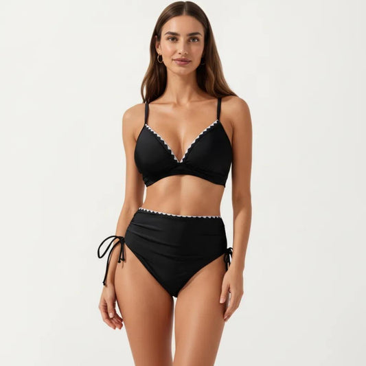 2-Piece Bikini Set with Triangle Bralette Top Scalloped Trim and High Rise Tie Side Bottom