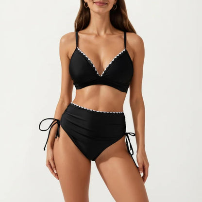2-Piece Bikini Set with Triangle Bralette Top Scalloped Trim and High Rise Tie Side Bottom