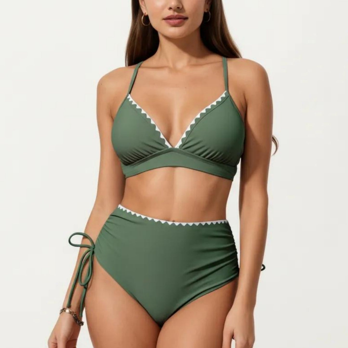 2-Piece Bikini Set with Triangle Bralette Top Scalloped Trim and High Rise Tie Side Bottom