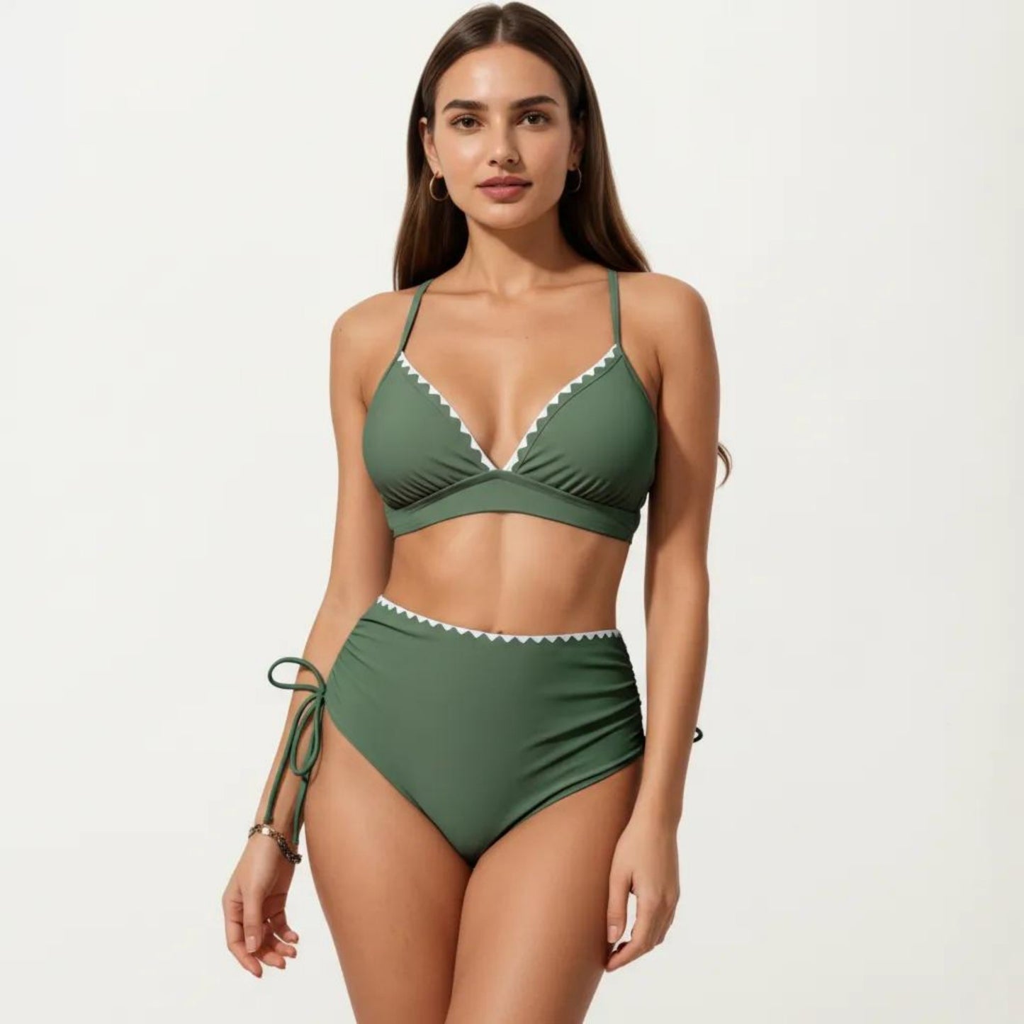 2-Piece Bikini Set with Triangle Bralette Top Scalloped Trim and High Rise Tie Side Bottom