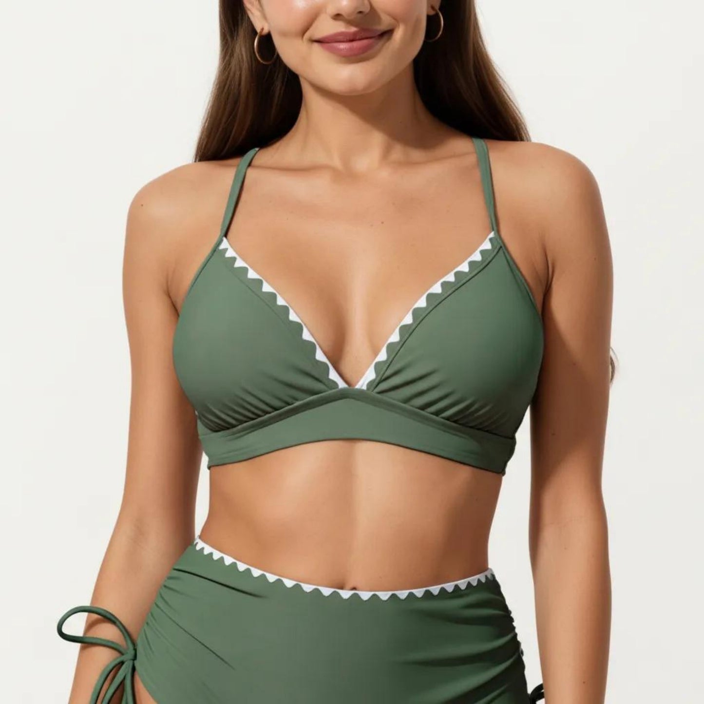 2-Piece Bikini Set with Triangle Bralette Top Scalloped Trim and High Rise Tie Side Bottom