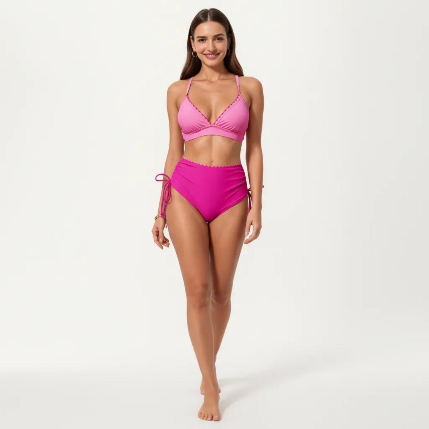 2-Piece Bikini Set with Triangle Bralette Top Scalloped Trim and High Rise Tie Side Bottom