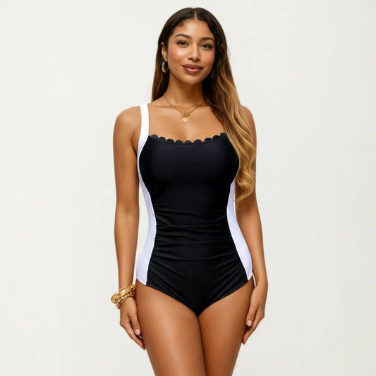 One Piece Swimsuit with Scalloped Neckline Contour Side Panels and Adjustable Straps