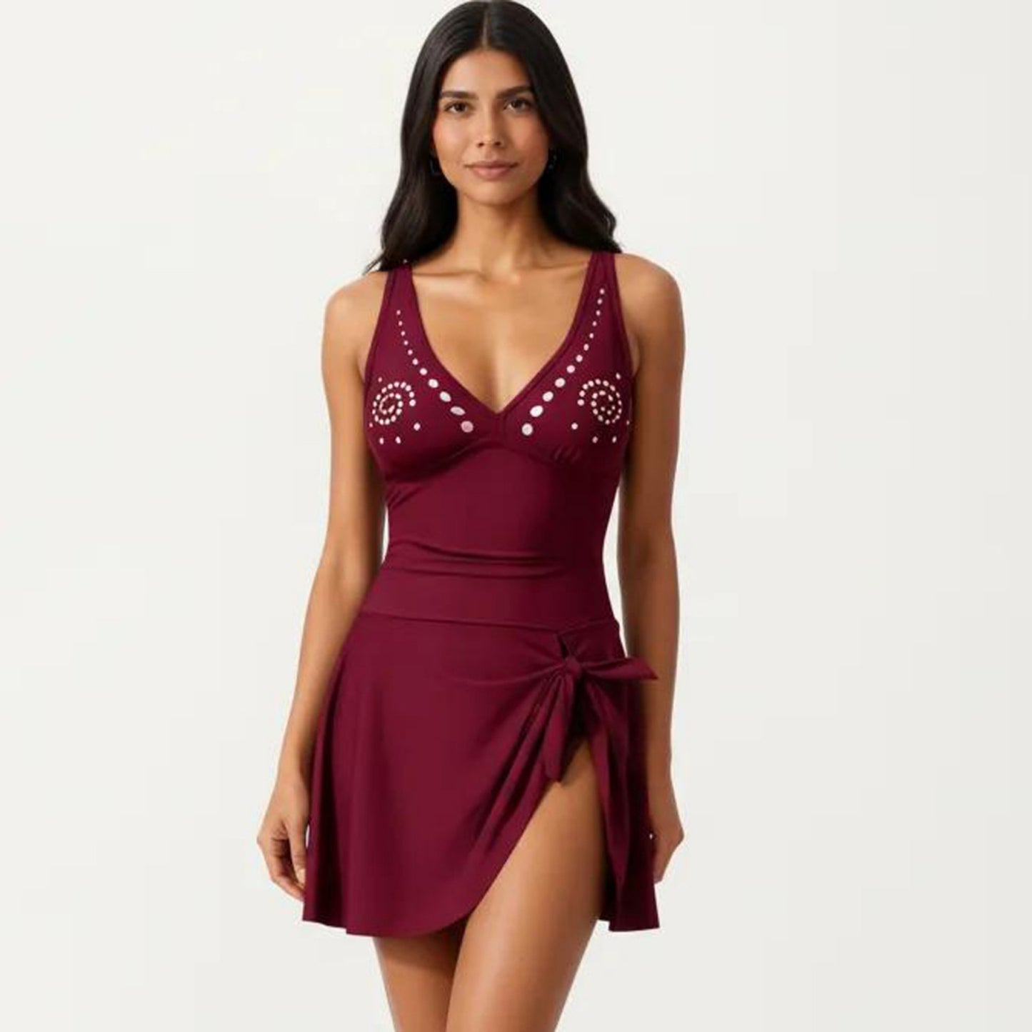 One Piece Swimsuit with Decorative Stud Bust Detail and Wrap Skirt Tie Accent