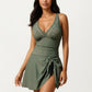 One Piece Swimsuit with Decorative Stud Bust Detail and Wrap Skirt Tie Accent