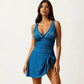 One Piece Swimsuit with Decorative Stud Bust Detail and Wrap Skirt Tie Accent