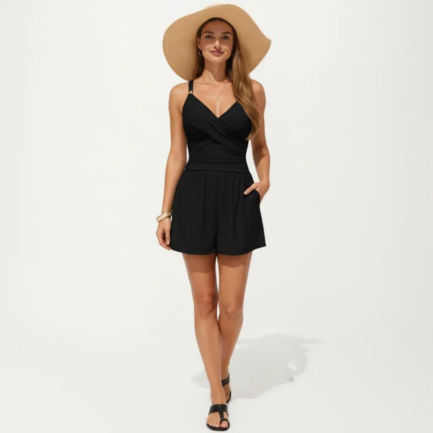 One Piece Swim Romper with Crisscross Bust Adjustable Straps and Relaxed Short Bottom