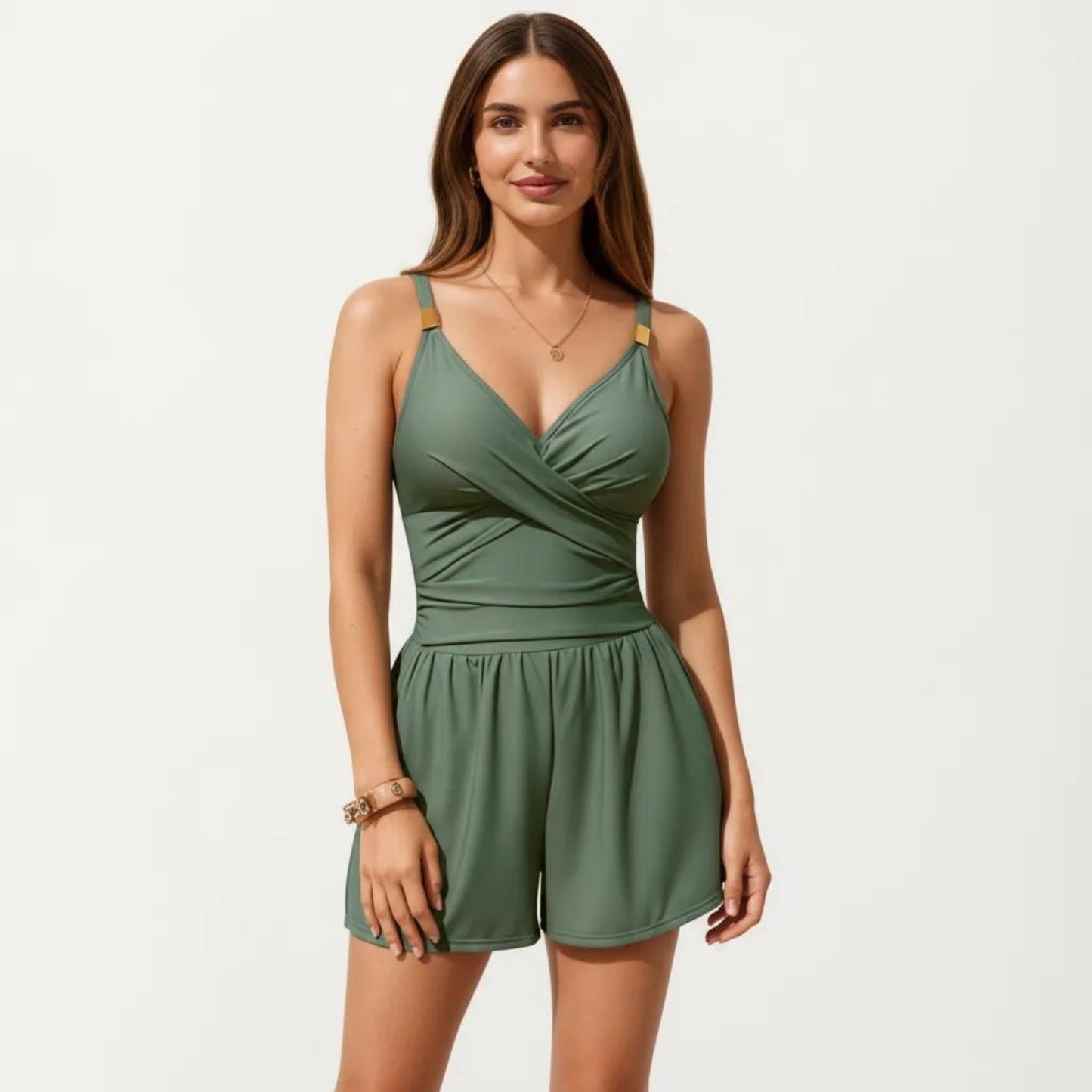 One Piece Swim Romper with Crisscross Bust Adjustable Straps and Relaxed Short Bottom
