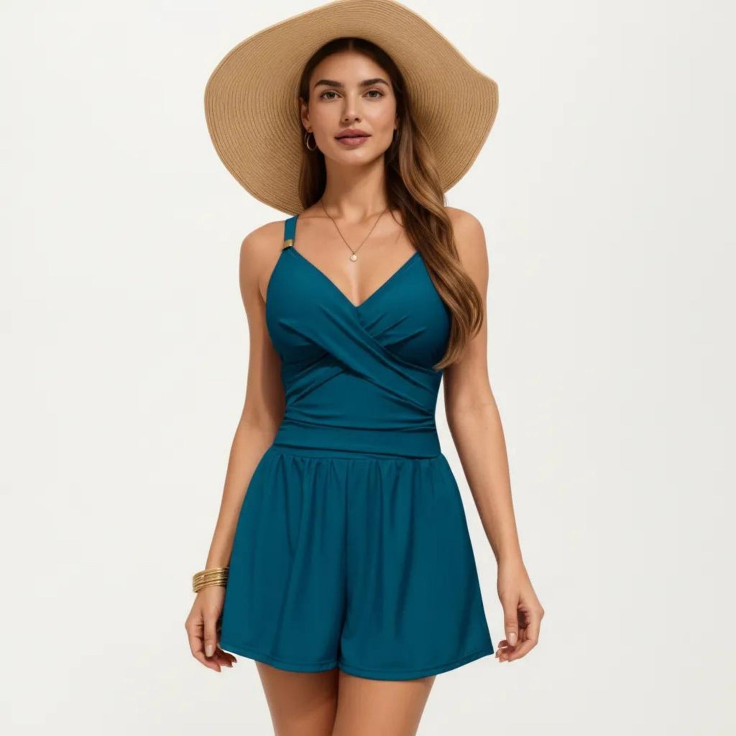 One Piece Swim Romper with Crisscross Bust Adjustable Straps and Relaxed Short Bottom