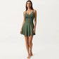 One Piece Swimsuit with Crisscross Bust Detail Adjustable Straps and Flared Skirted Silhouette