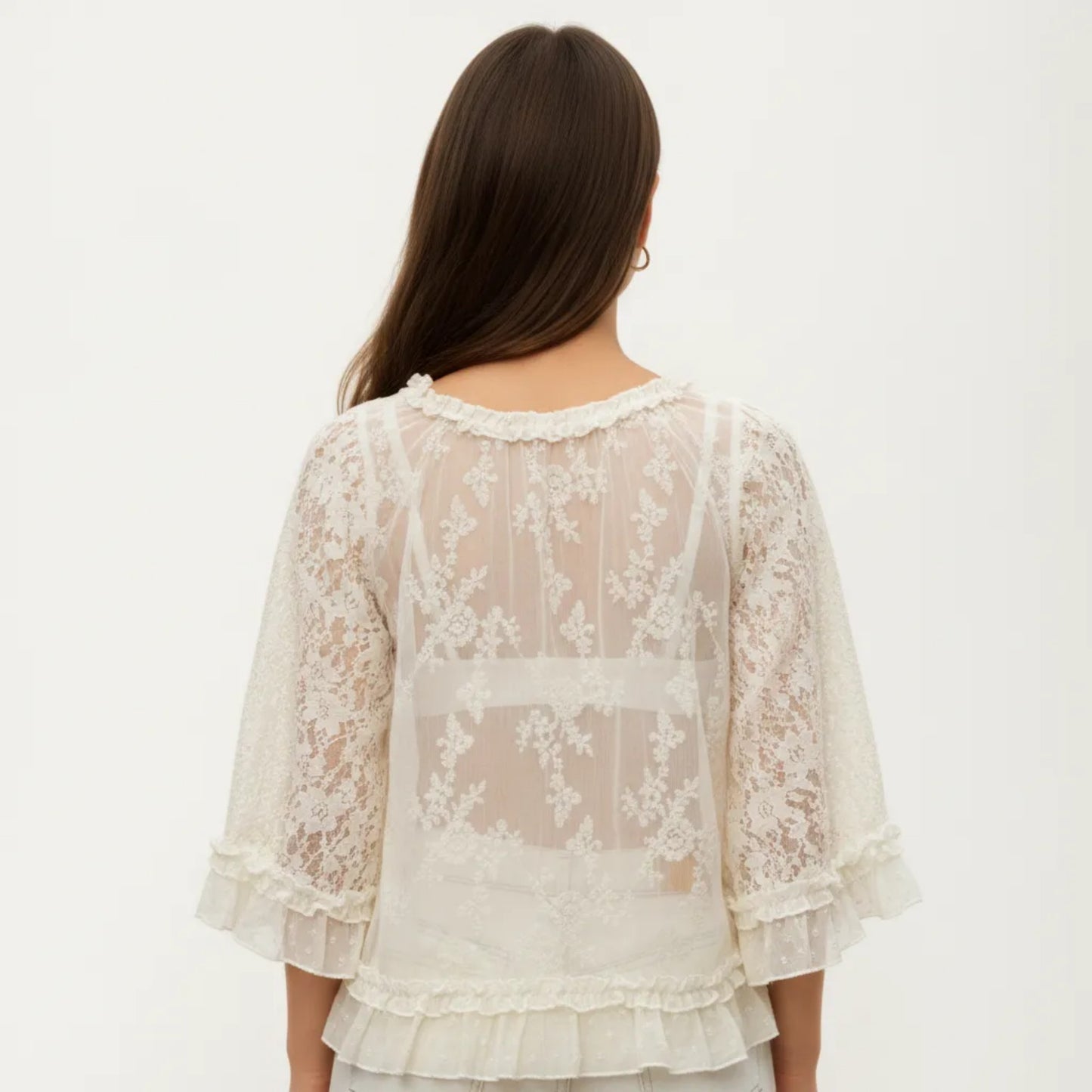 Womens Three Quarter Sleeve Lace Mesh Layering Blouse Top