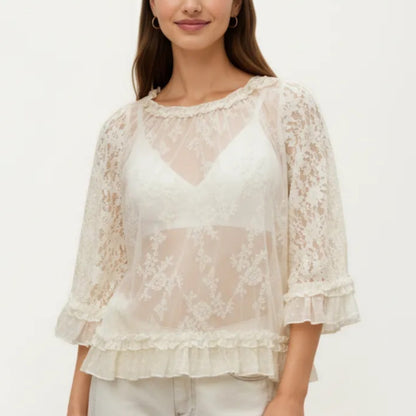 Womens Three Quarter Sleeve Lace Mesh Layering Blouse Top