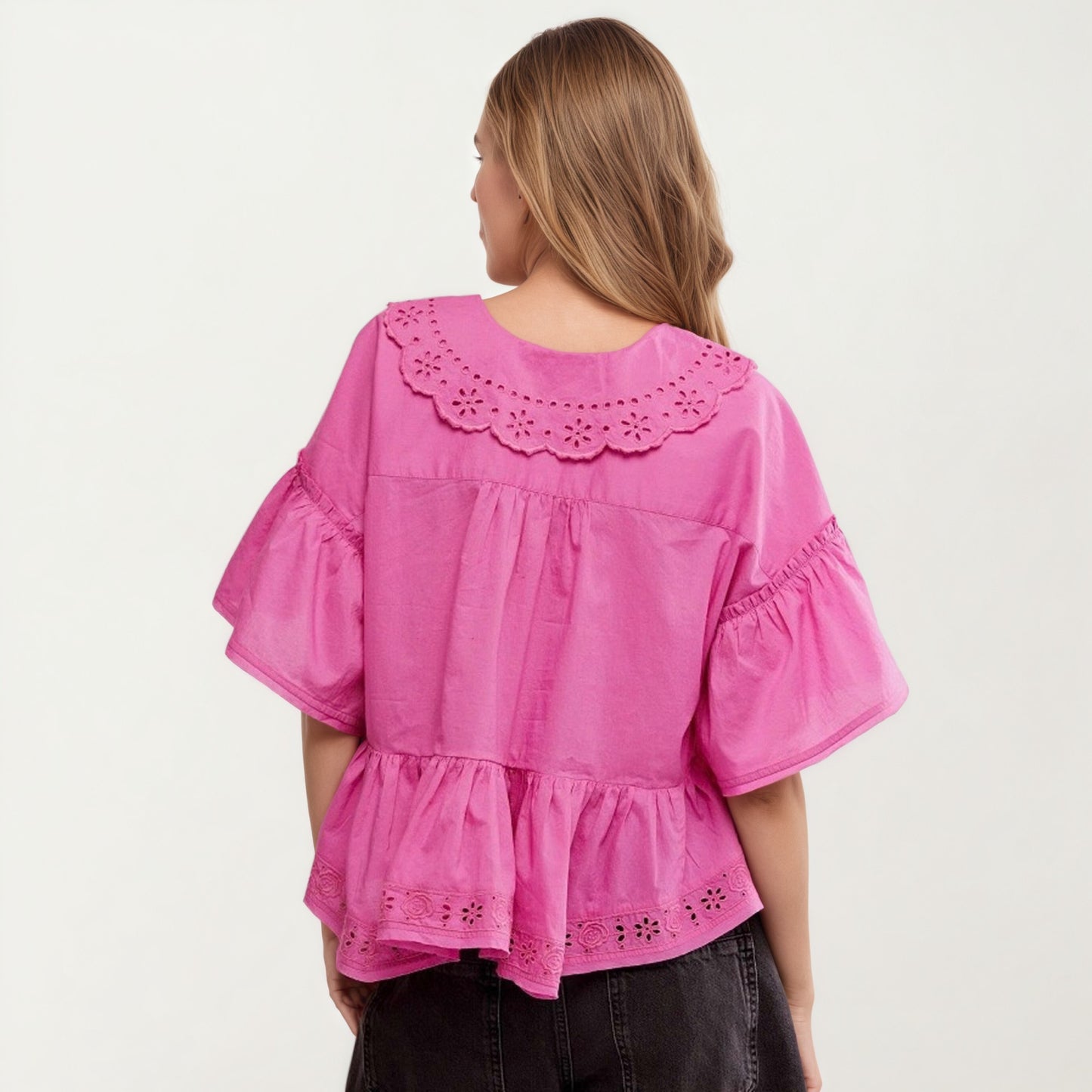 Womens Short Sleeve V Neck Eyelet Trim Babydoll Woven Blouse Top