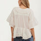 Womens Short Sleeve V Neck Eyelet Trim Babydoll Woven Blouse Top