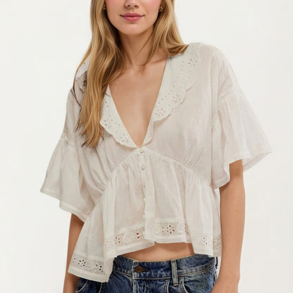 Womens Short Sleeve V Neck Eyelet Trim Babydoll Woven Blouse Top