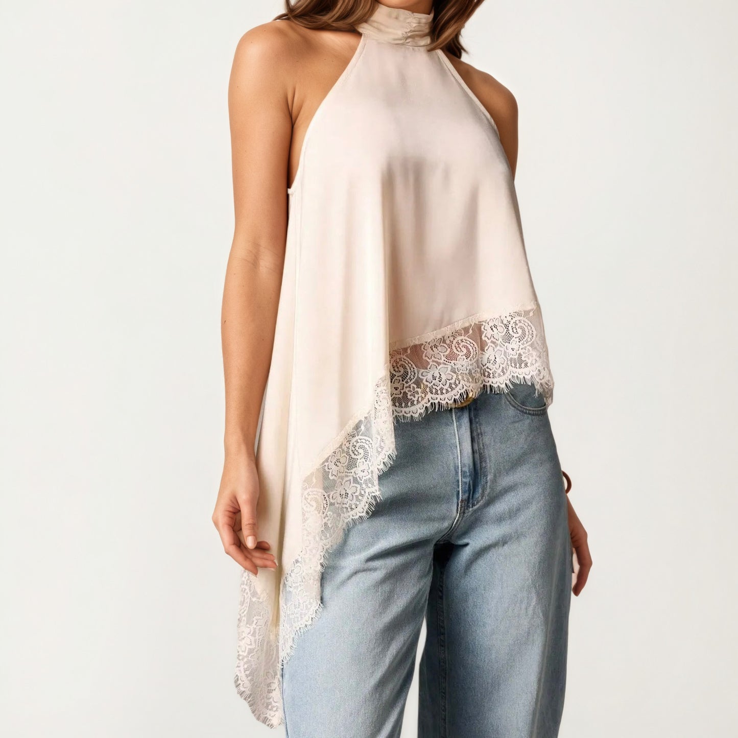 Womens Sleeveless High Neck Lace Trim Asymmetric Hem Woven Blouse Top