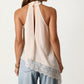 Womens Sleeveless High Neck Lace Trim Asymmetric Hem Woven Blouse Top