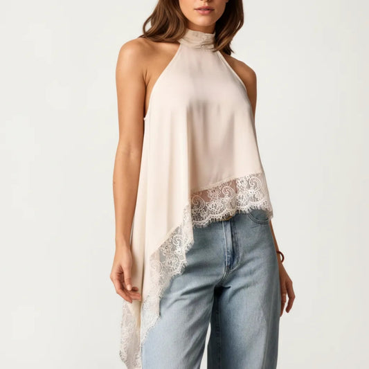Womens Sleeveless High Neck Lace Trim Asymmetric Hem Woven Blouse Top