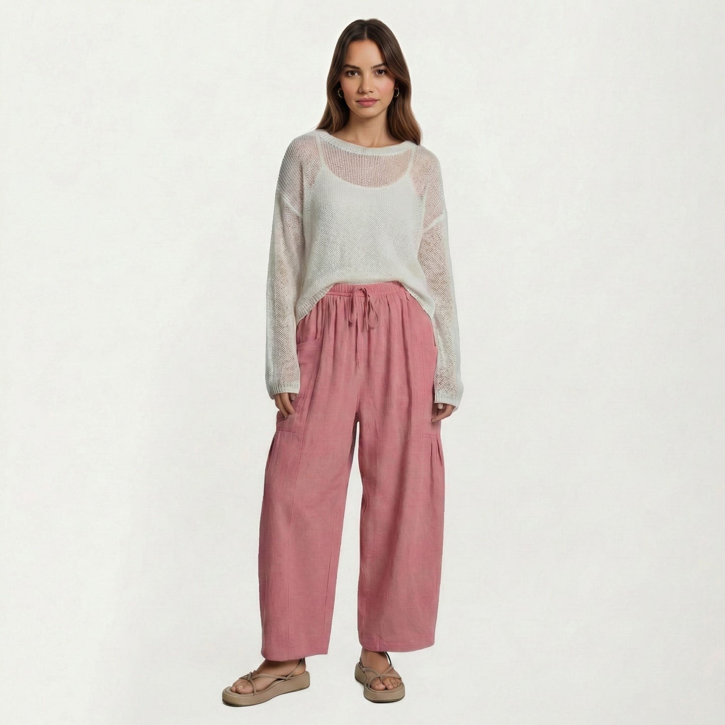 Wide Leg Drawstring Pants with Elastic Waistband, Utility Pockets and Relaxed Fit