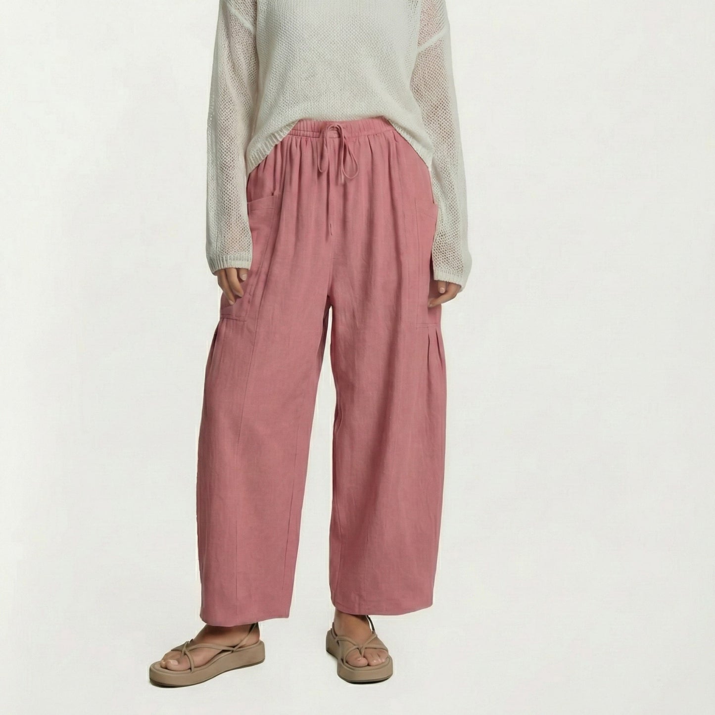 Wide Leg Drawstring Pants with Elastic Waistband, Utility Pockets and Relaxed Fit
